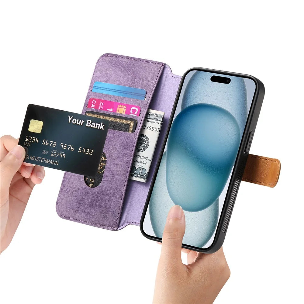 For iPhone 16 Case Wallet Retro Leather Phone Cover with Wristband Kickstand - Purple - 3