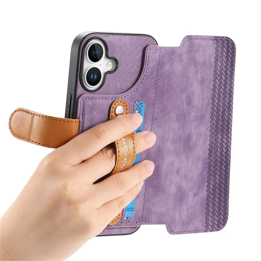 For iPhone 16 Case Wallet Retro Leather Phone Cover with Wristband Kickstand - Purple - 4