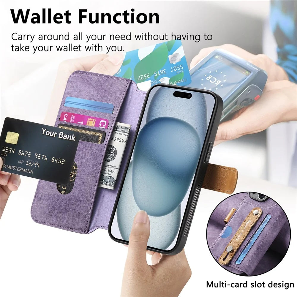 For iPhone 16 Case Wallet Retro Leather Phone Cover with Wristband Kickstand - Purple - 6