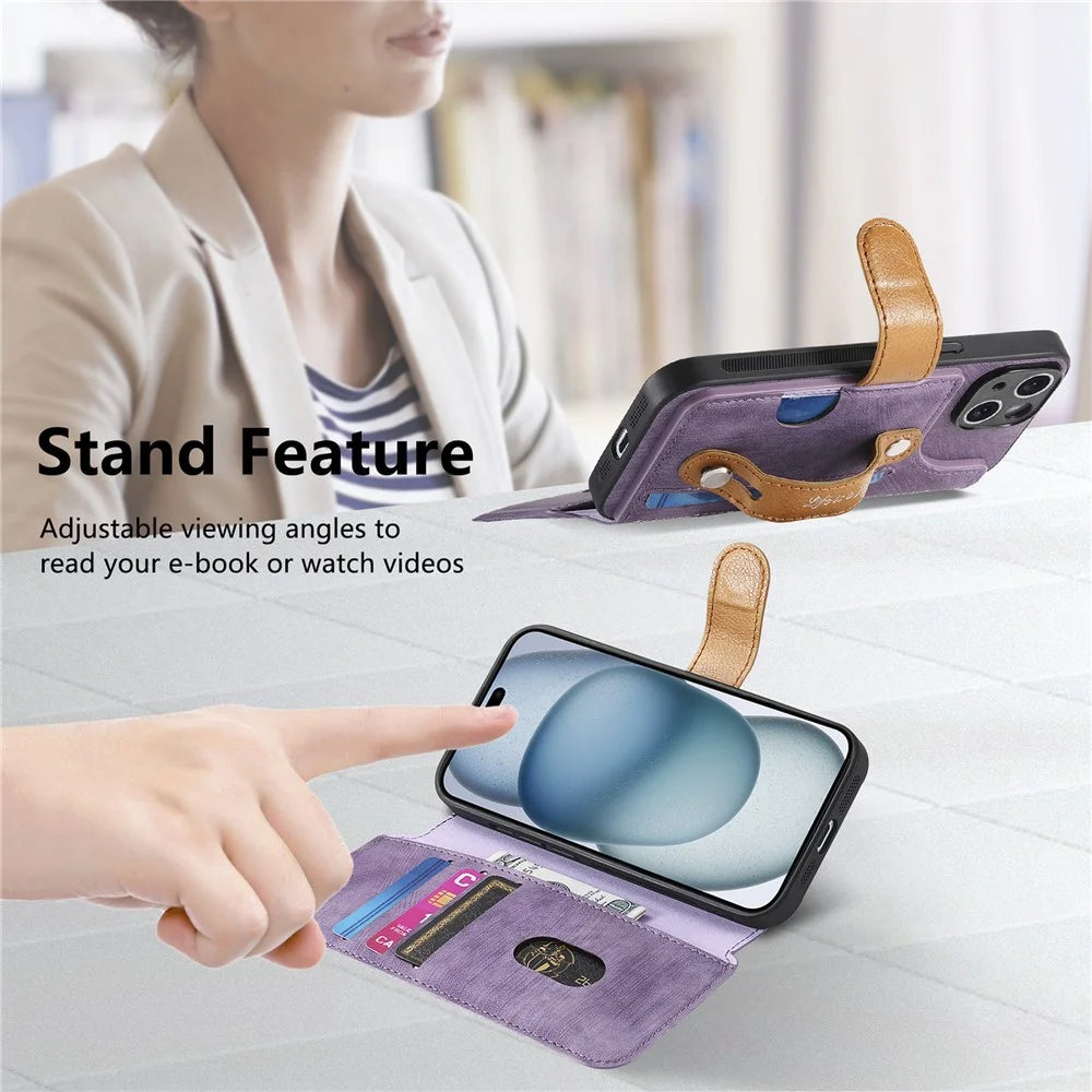 For iPhone 16 Case Wallet Retro Leather Phone Cover with Wristband Kickstand - Purple - 7