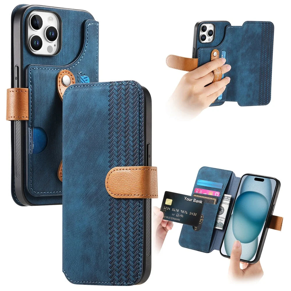 For iPhone 14 Pro Case Wallet Retro Leather Phone Cover with Wristband Kickstand - Blue - 1