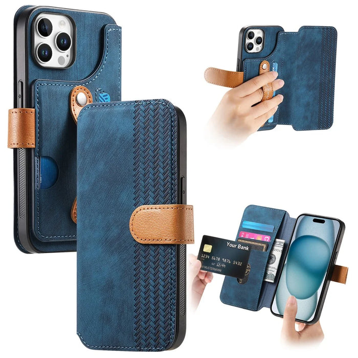 For iPhone 14 Pro Case Wallet Retro Leather Phone Cover with Wristband Kickstand - Blue - 1