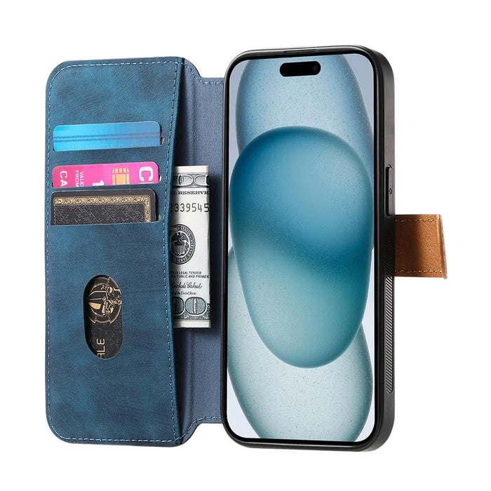 For iPhone 14 Pro Case Wallet Retro Leather Phone Cover with Wristband Kickstand - Blue - 2