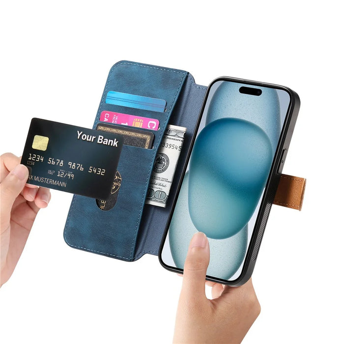 For iPhone 14 Pro Case Wallet Retro Leather Phone Cover with Wristband Kickstand - Blue - 3