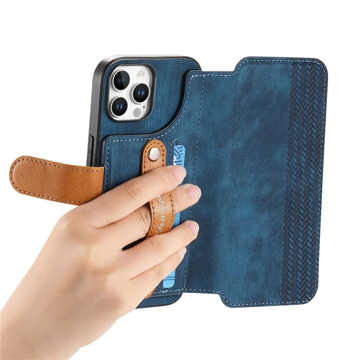 For iPhone 14 Pro Case Wallet Retro Leather Phone Cover with Wristband Kickstand - Blue - 4