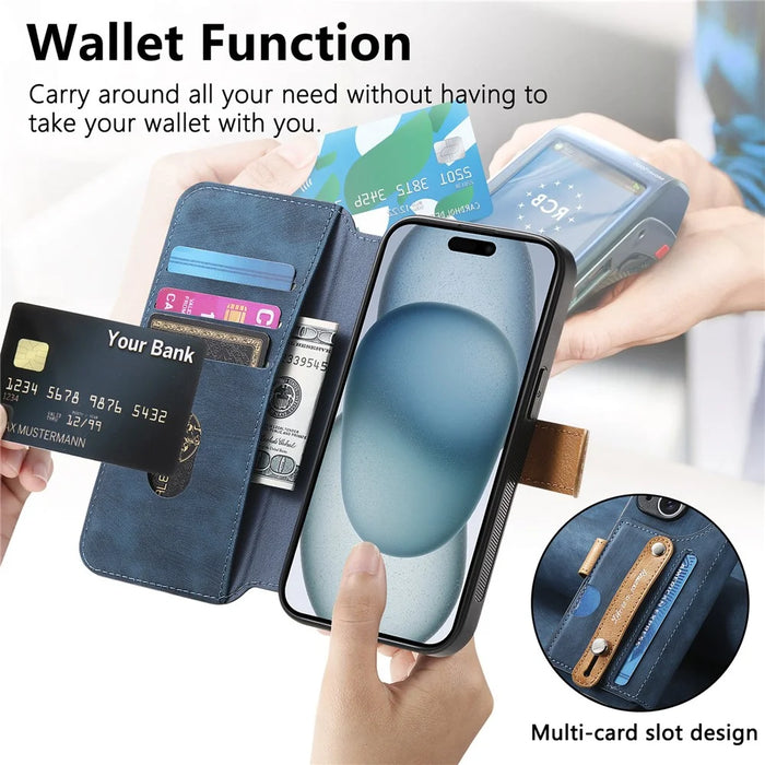 For iPhone 14 Pro Case Wallet Retro Leather Phone Cover with Wristband Kickstand - Blue - 6