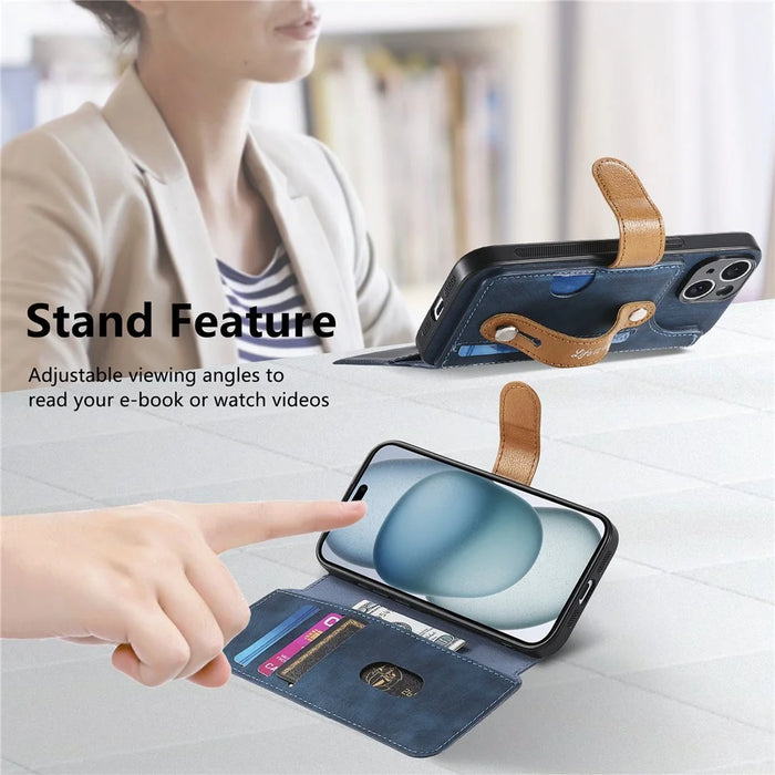 For iPhone 14 Pro Case Wallet Retro Leather Phone Cover with Wristband Kickstand - Blue - 7