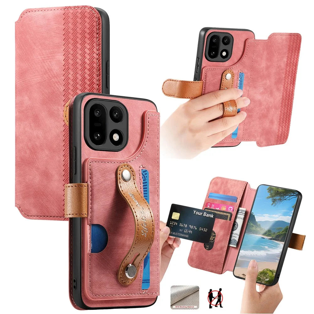 For OnePlus 15 5G Case Wallet Retro Leather Phone Cover with Wristband Kickstand - Pink - 1