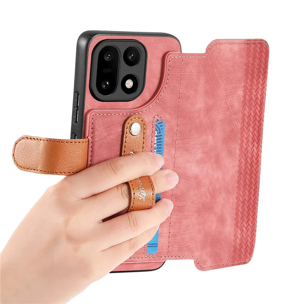 For OnePlus 15 5G Case Wallet Retro Leather Phone Cover with Wristband Kickstand - Pink - 4