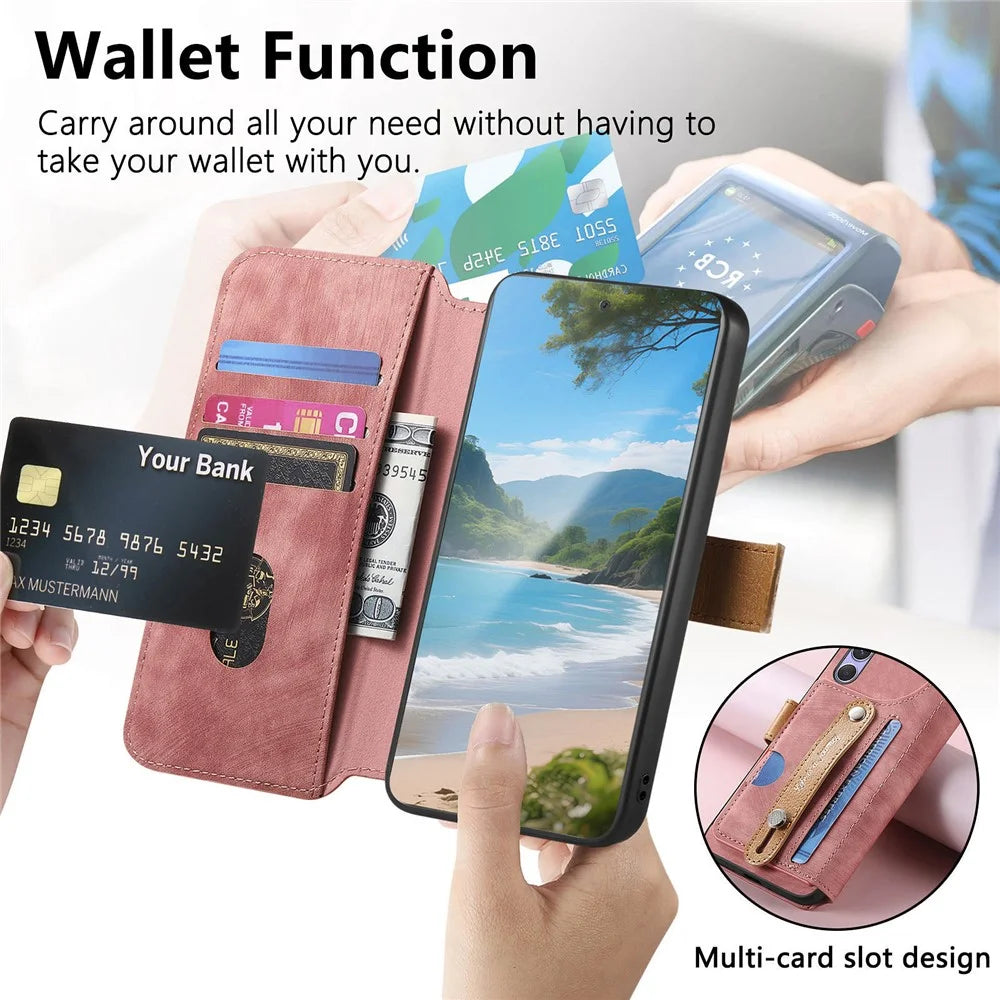 For OnePlus 15 5G Case Wallet Retro Leather Phone Cover with Wristband Kickstand - Pink - 6