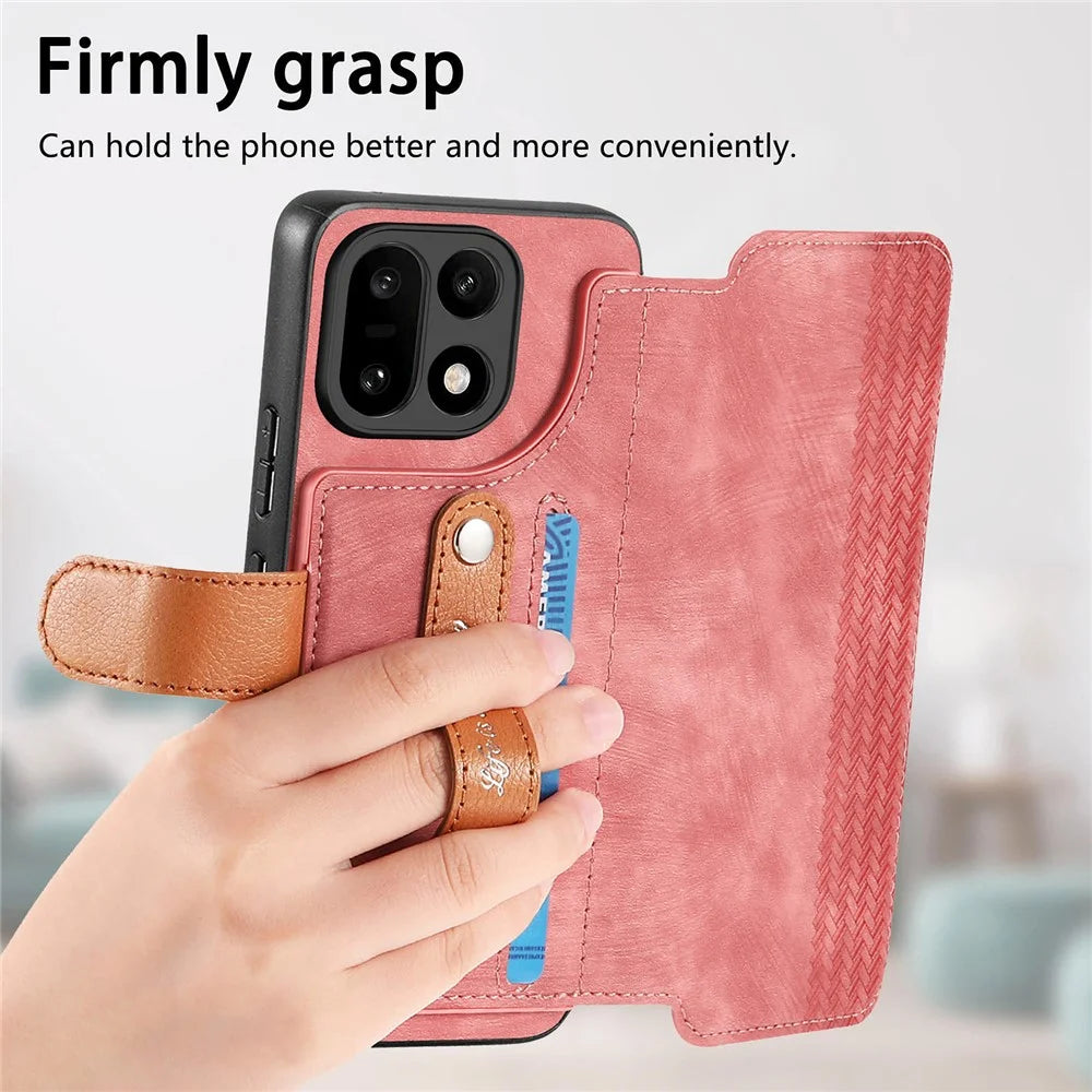 For OnePlus 15 5G Case Wallet Retro Leather Phone Cover with Wristband Kickstand - Pink - 7