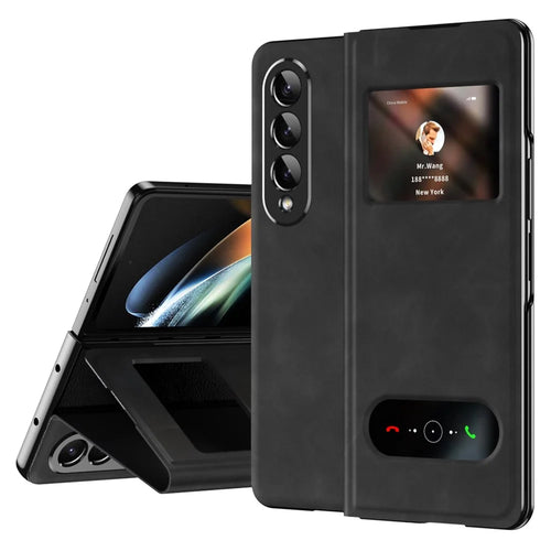For Samsung Galaxy Z Fold3 5G Nappa Texture PU Leather + PC Phone Stand Case View Window Design Full Protection Cover - Black - 1