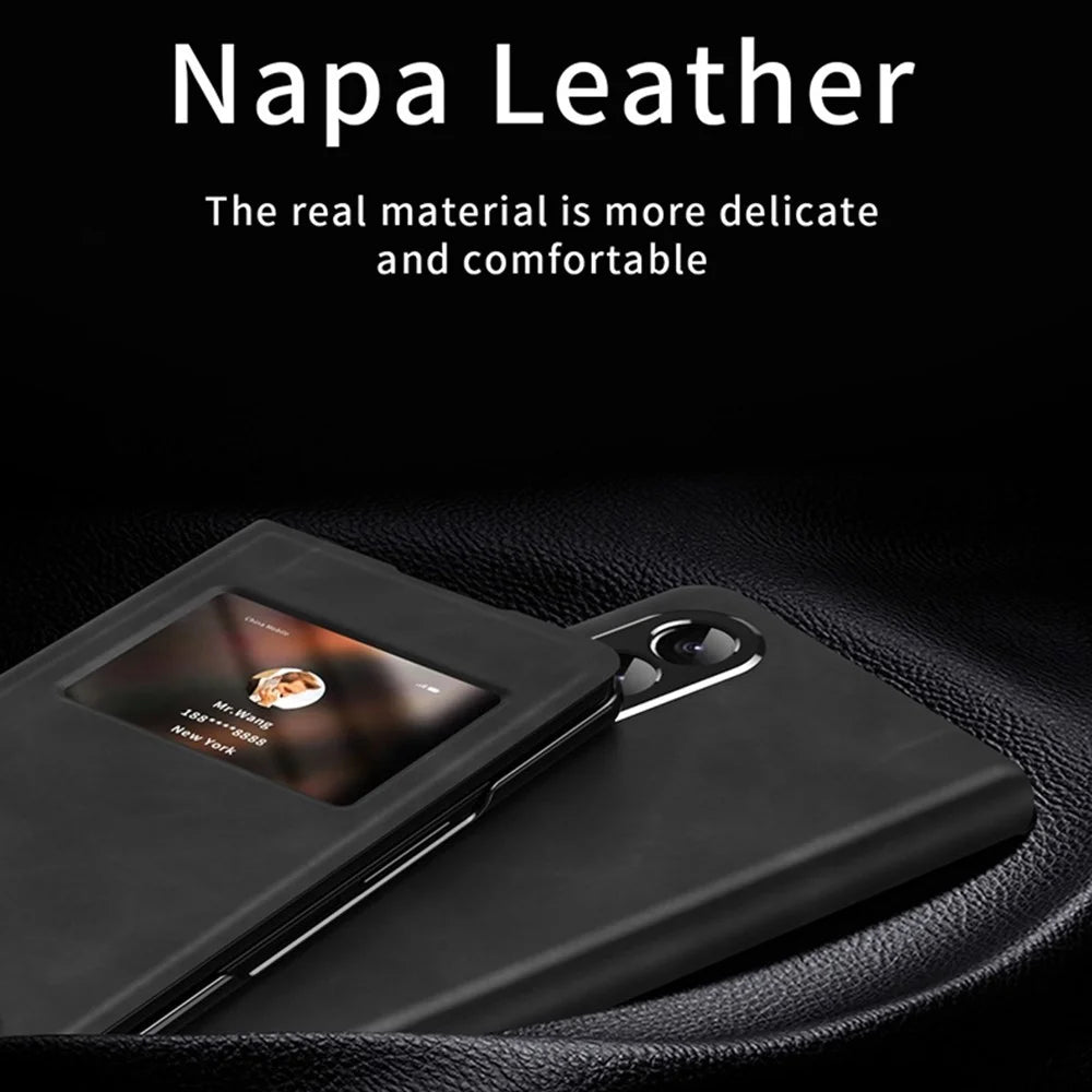 For Samsung Galaxy Z Fold3 5G Nappa Texture PU Leather + PC Phone Stand Case View Window Design Full Protection Cover - Black - 2