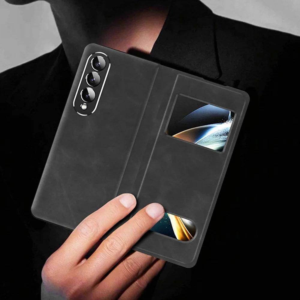 For Samsung Galaxy Z Fold3 5G Nappa Texture PU Leather + PC Phone Stand Case View Window Design Full Protection Cover - Black - 3