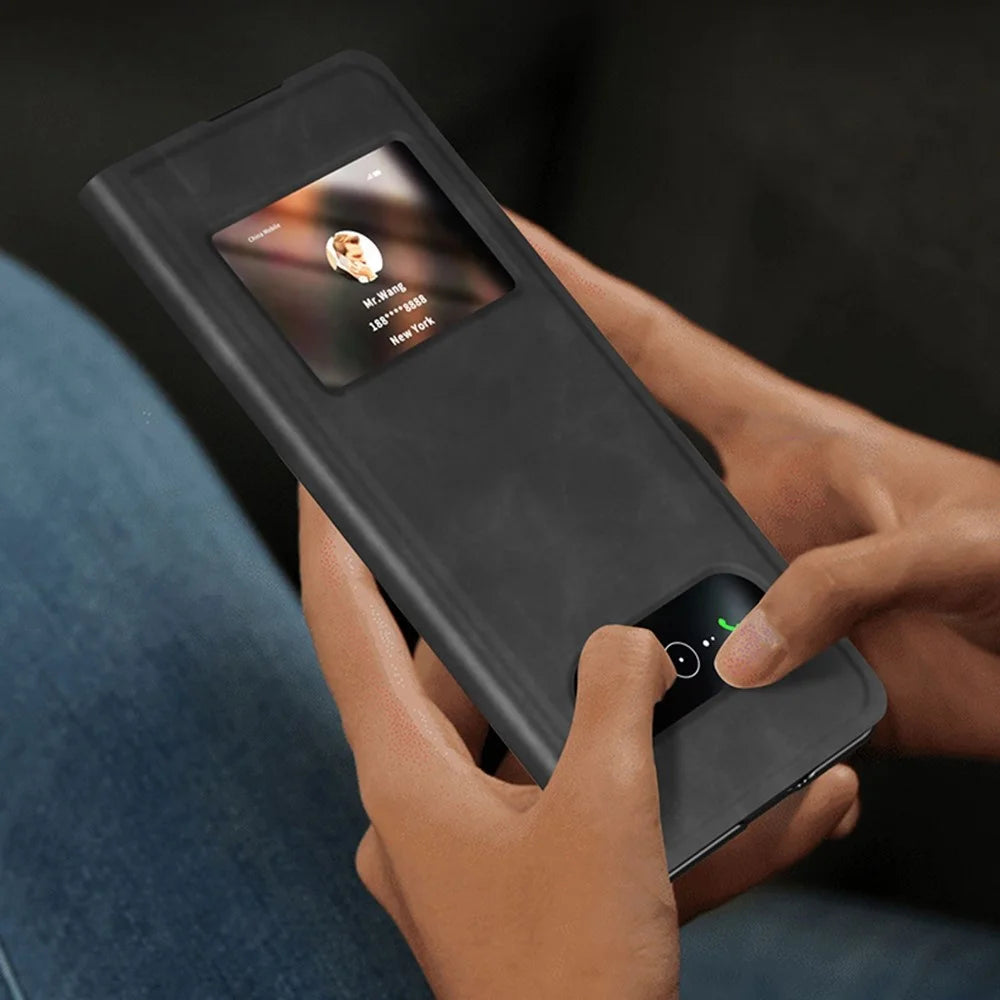 For Samsung Galaxy Z Fold3 5G Nappa Texture PU Leather + PC Phone Stand Case View Window Design Full Protection Cover - Black - 4