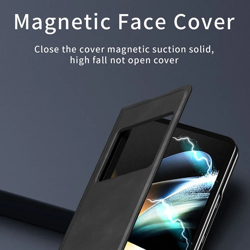 For Samsung Galaxy Z Fold3 5G Nappa Texture PU Leather + PC Phone Stand Case View Window Design Full Protection Cover - Black - 5