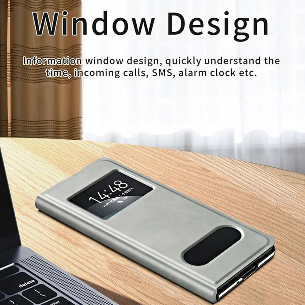 For Samsung Galaxy Z Fold3 5G Nappa Texture PU Leather + PC Phone Stand Case View Window Design Full Protection Cover - Black - 6