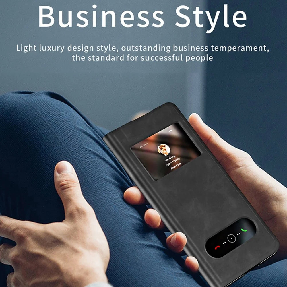 For Samsung Galaxy Z Fold3 5G Nappa Texture PU Leather + PC Phone Stand Case View Window Design Full Protection Cover - Black - 7