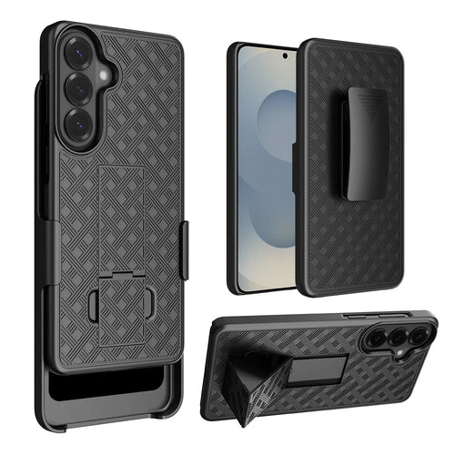 For Samsung Galaxy S26+ Case PC + TPU Sliding Screen Cover Kickstand Phone Shell with Clip - Black - 1