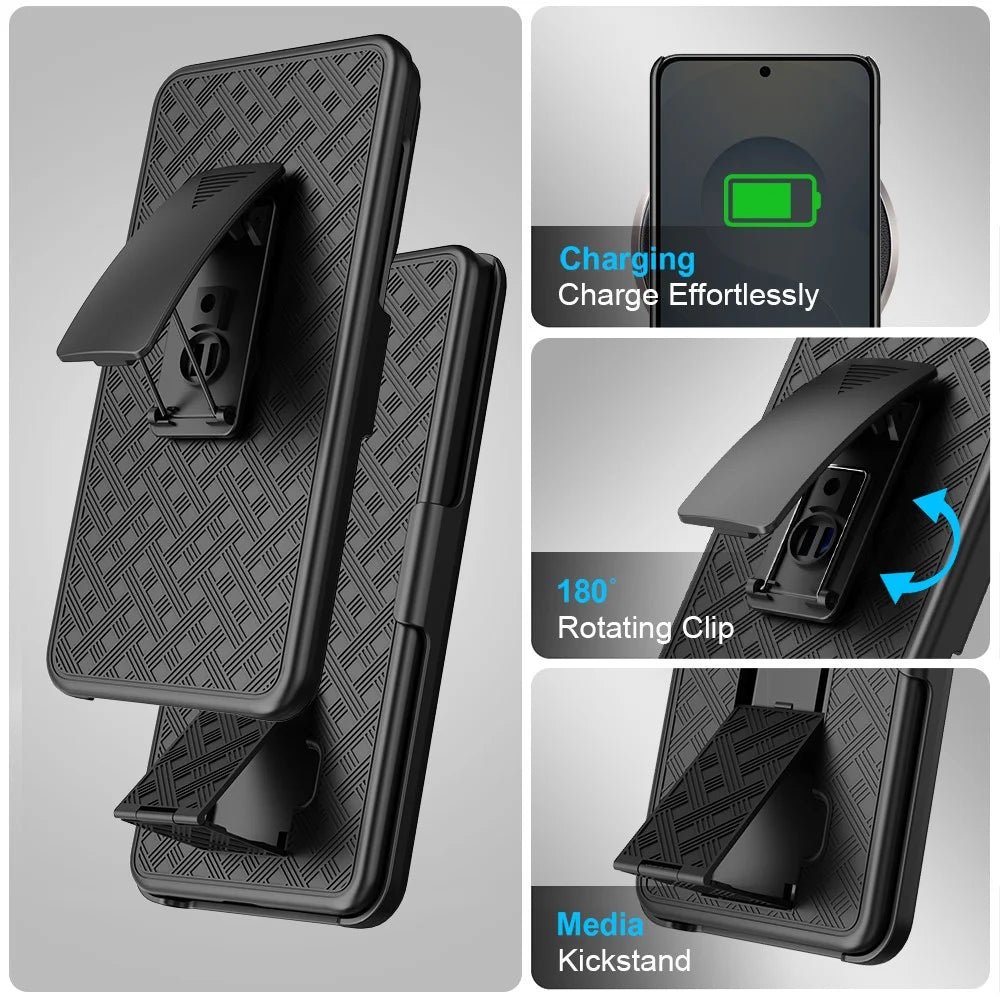 For Samsung Galaxy S26+ Case PC + TPU Sliding Screen Cover Kickstand Phone Shell with Clip - Black - 6