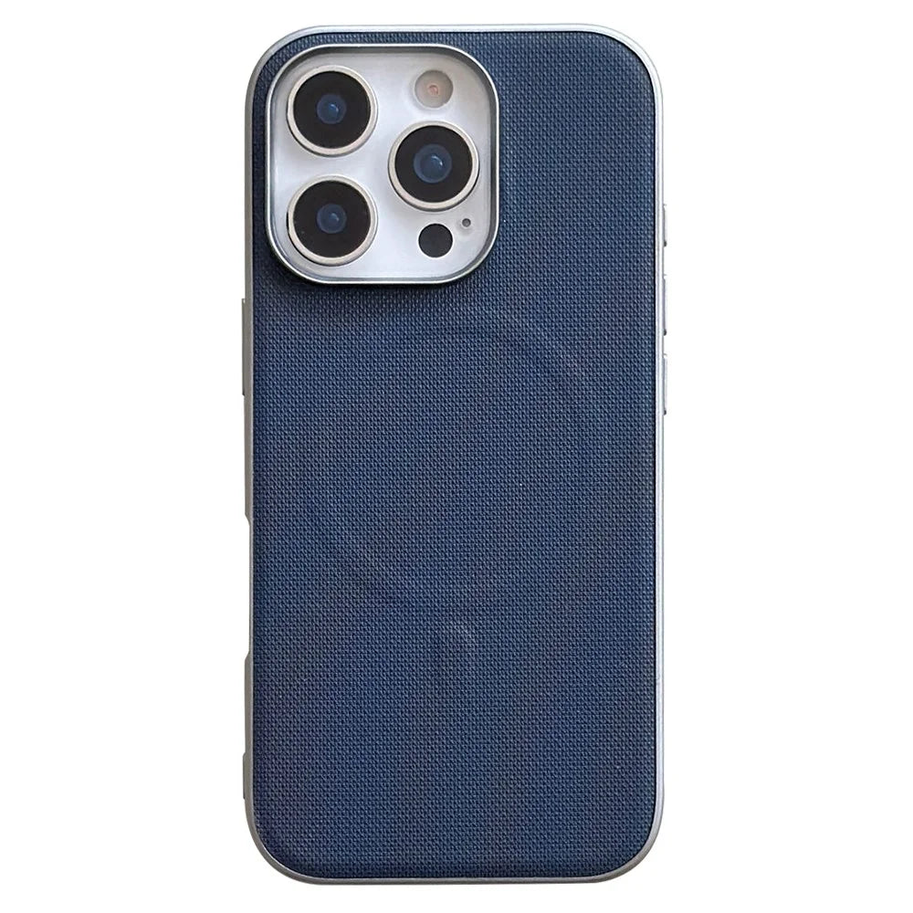 For iPhone 16 Pro Max Magnetic Case Fine Grid Texture Leather + PC + TPU Phone Cover - Dark Blue - 1
