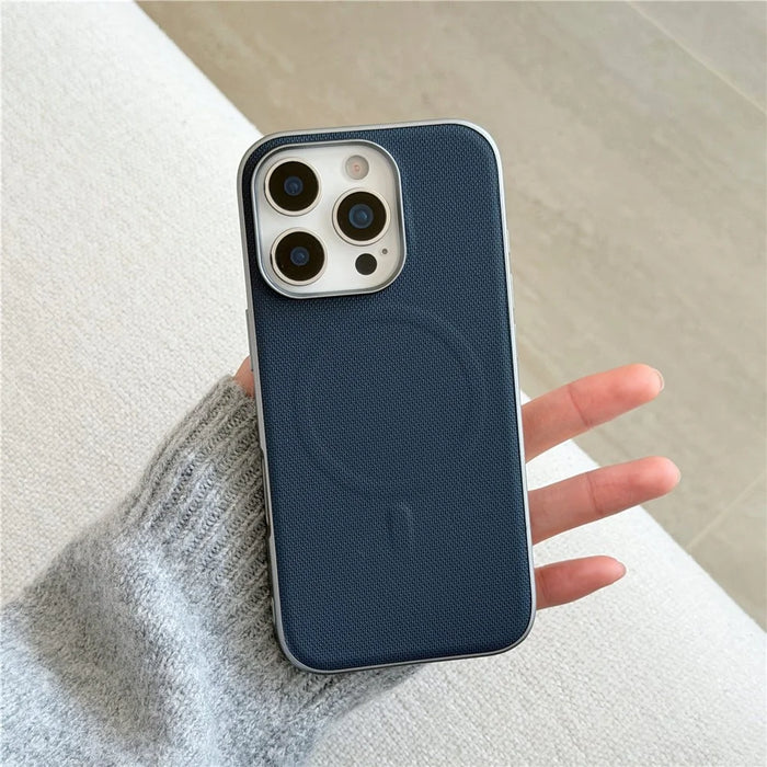 For iPhone 16 Pro Max Magnetic Case Fine Grid Texture Leather + PC + TPU Phone Cover - Dark Blue - 2