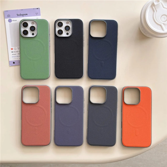 For iPhone 16 Pro Max Magnetic Case Fine Grid Texture Leather + PC + TPU Phone Cover - Dark Blue - 7
