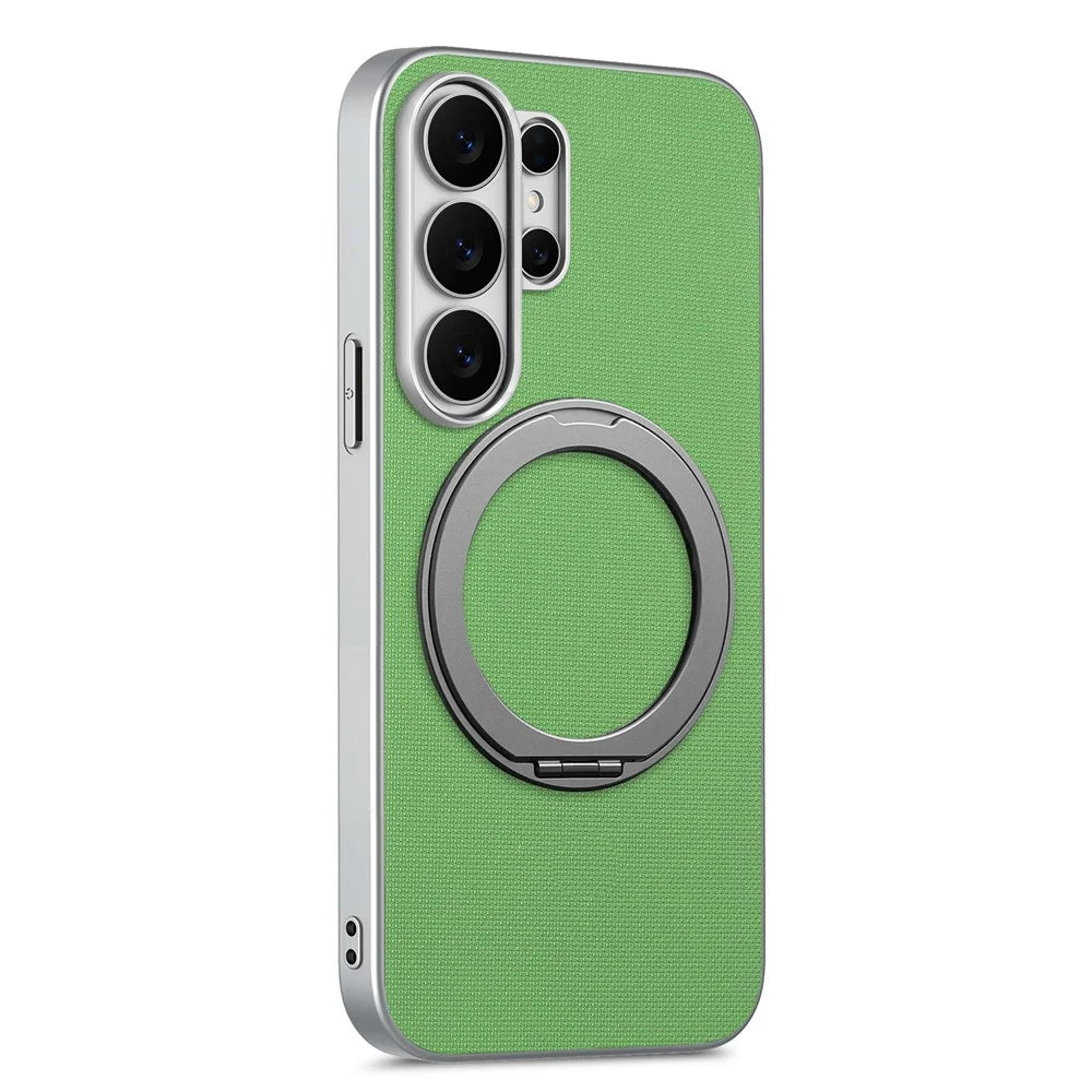 For Samsung Galaxy S26 Ultra Magnetic Case Ring Kickstand Fine Grid Texture Leather + PC + TPU Phone Cover - Green - 1