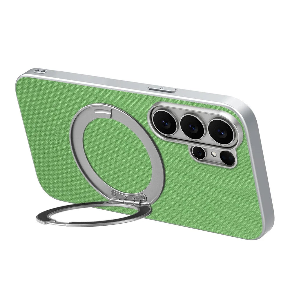 For Samsung Galaxy S26 Ultra Magnetic Case Ring Kickstand Fine Grid Texture Leather + PC + TPU Phone Cover - Green - 4