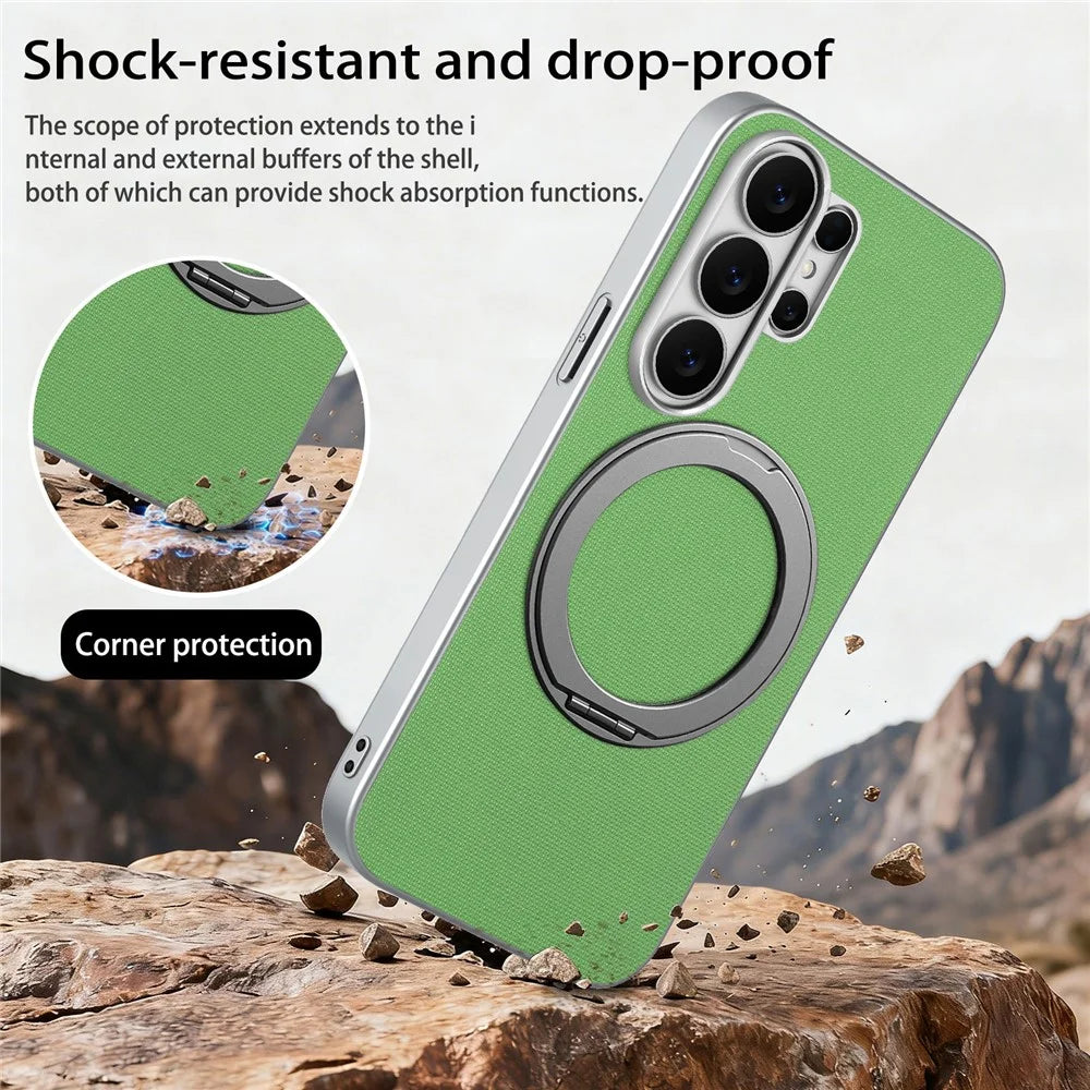 For Samsung Galaxy S26 Ultra Magnetic Case Ring Kickstand Fine Grid Texture Leather + PC + TPU Phone Cover - Green - 5