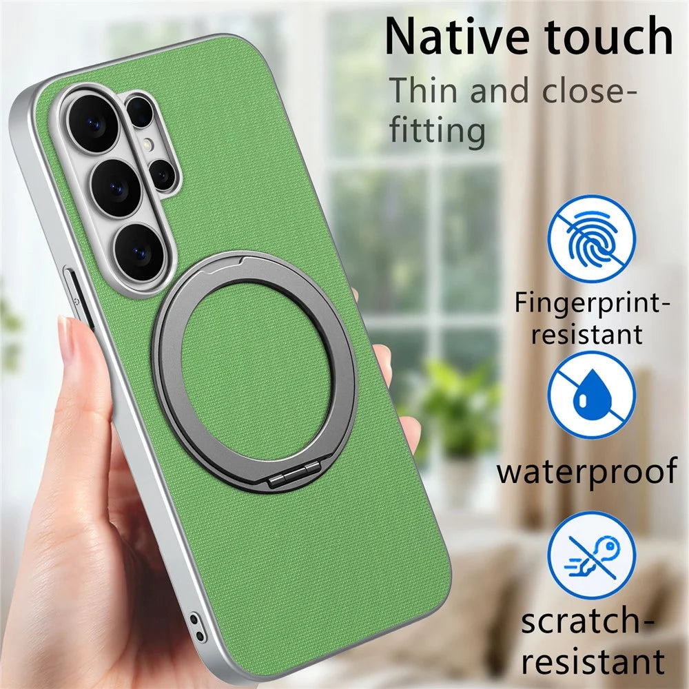 For Samsung Galaxy S26 Ultra Magnetic Case Ring Kickstand Fine Grid Texture Leather + PC + TPU Phone Cover - Green - 7