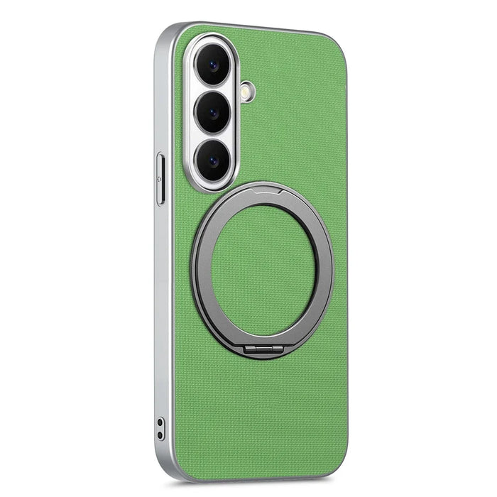 For Samsung Galaxy S26+ Magnetic Case Ring Kickstand Fine Grid Texture Leather + PC + TPU Phone Cover - Green - 1