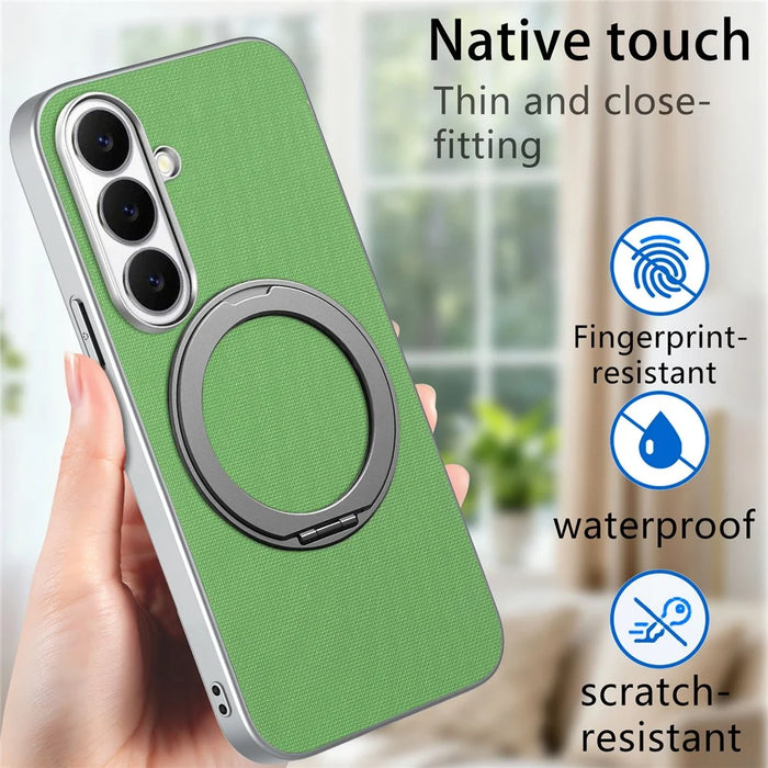 For Samsung Galaxy S26+ Magnetic Case Ring Kickstand Fine Grid Texture Leather + PC + TPU Phone Cover - Green - 7
