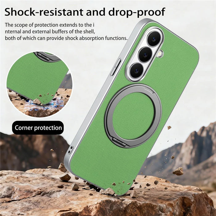 For Samsung Galaxy S26 Magnetic Case Ring Kickstand Fine Grid Texture Leather + PC + TPU Phone Cover - Green - 5