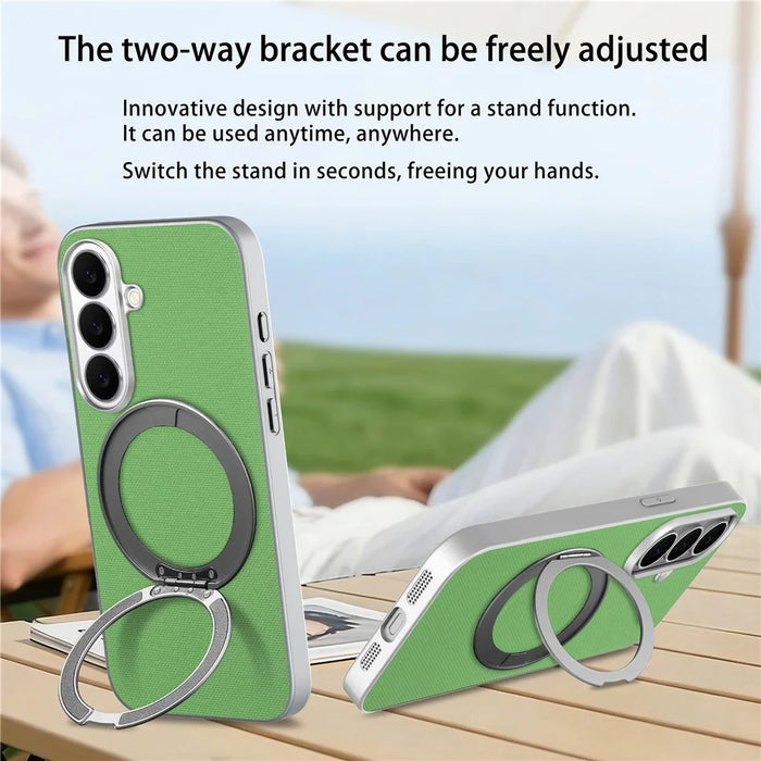 For Samsung Galaxy S26 Magnetic Case Ring Kickstand Fine Grid Texture Leather + PC + TPU Phone Cover - Green - 6
