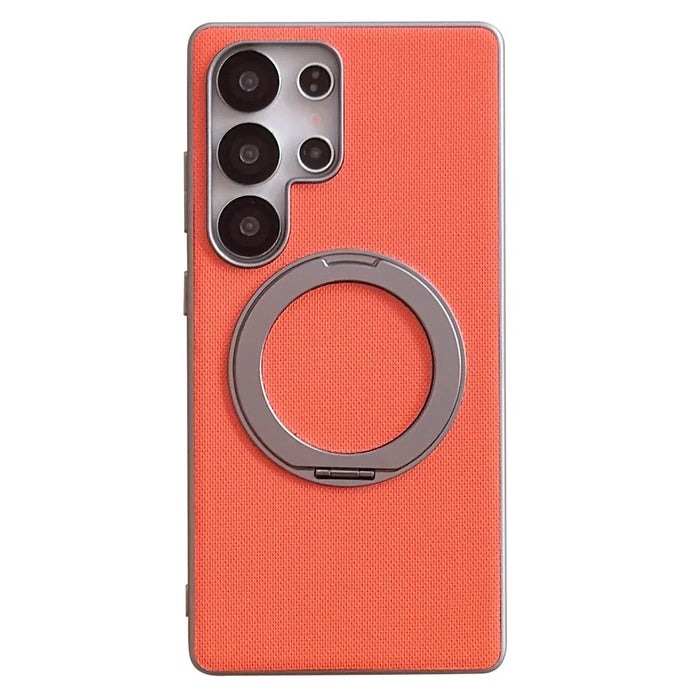 For Samsung Galaxy S25 Ultra Magnetic Case Ring Kickstand Fine Grid Texture Leather + PC + TPU Phone Cover - Orange - 1