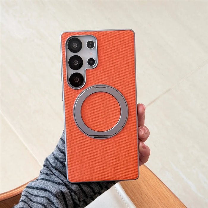 For Samsung Galaxy S25 Ultra Magnetic Case Ring Kickstand Fine Grid Texture Leather + PC + TPU Phone Cover - Orange - 2