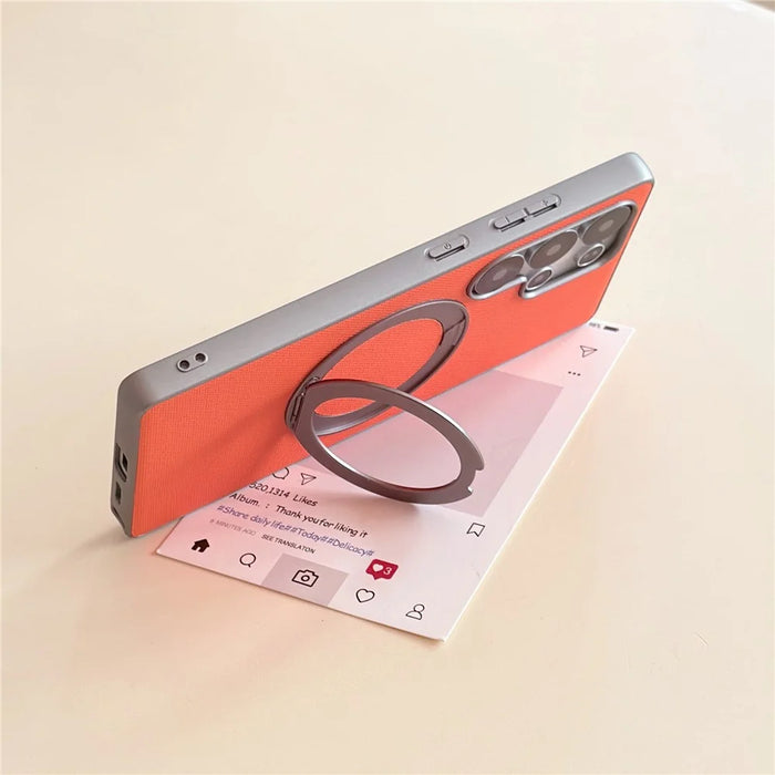 For Samsung Galaxy S25 Ultra Magnetic Case Ring Kickstand Fine Grid Texture Leather + PC + TPU Phone Cover - Orange - 4