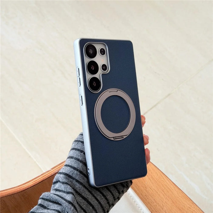 For Samsung Galaxy S25 Ultra Magnetic Case Ring Kickstand Fine Grid Texture Leather + PC + TPU Phone Cover - Orange - 5