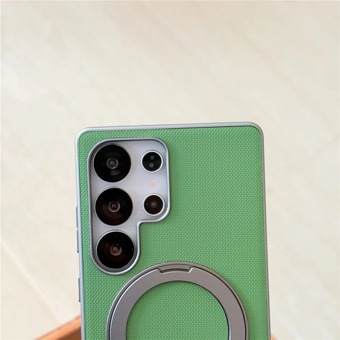 For Samsung Galaxy S25 Ultra Magnetic Case Ring Kickstand Fine Grid Texture Leather + PC + TPU Phone Cover - Orange - 6