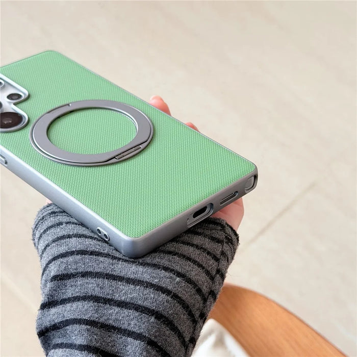 For Samsung Galaxy S25 Ultra Magnetic Case Ring Kickstand Fine Grid Texture Leather + PC + TPU Phone Cover - Orange - 7