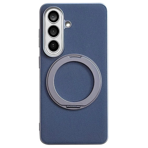 For Samsung Galaxy S25 Magnetic Case Ring Kickstand Fine Grid Texture Leather + PC + TPU Phone Cover - Light Grey - 1