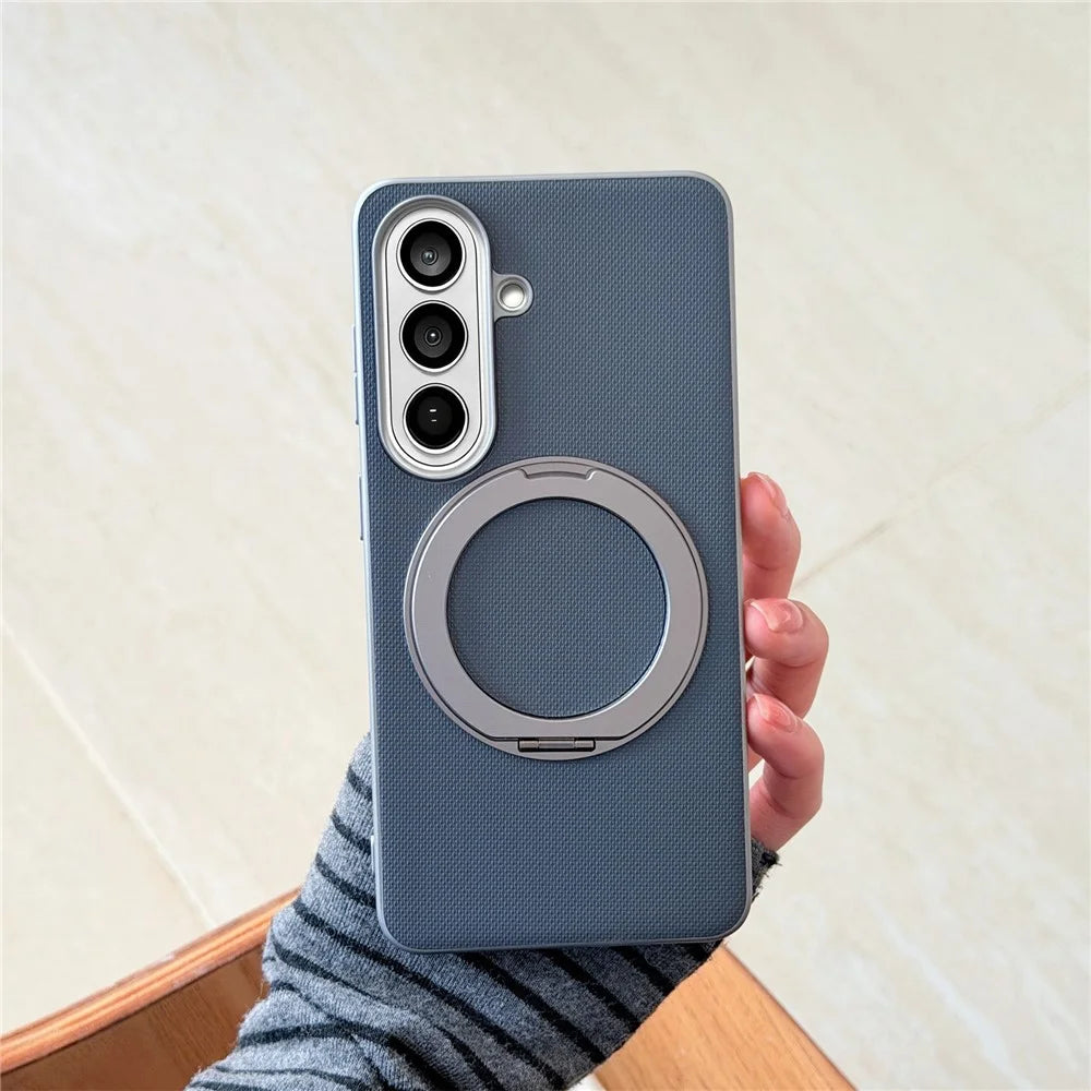 For Samsung Galaxy S25 Magnetic Case Ring Kickstand Fine Grid Texture Leather + PC + TPU Phone Cover - Light Grey - 2