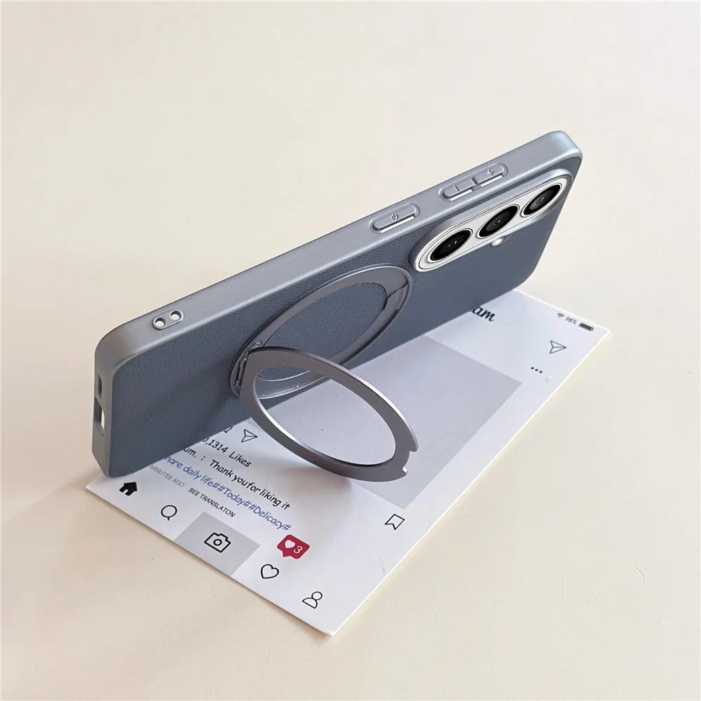 For Samsung Galaxy S25 Magnetic Case Ring Kickstand Fine Grid Texture Leather + PC + TPU Phone Cover - Light Grey - 3
