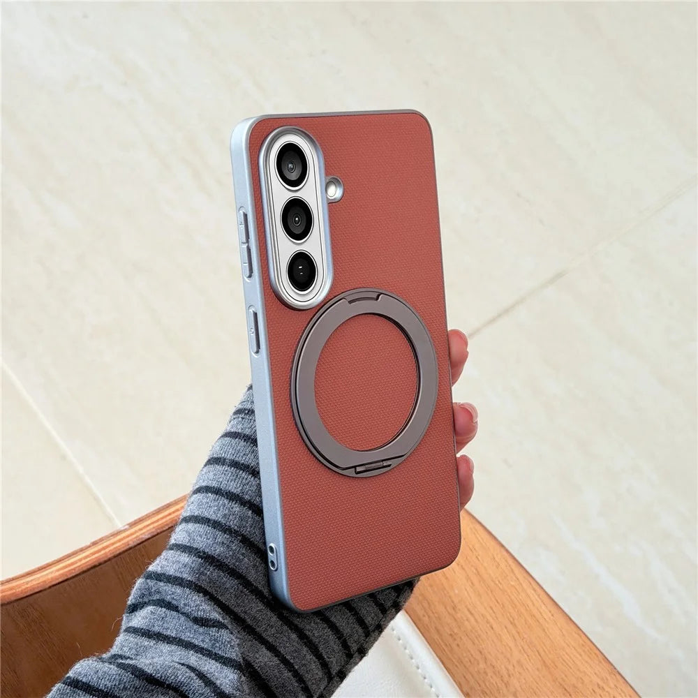 For Samsung Galaxy S25 Magnetic Case Ring Kickstand Fine Grid Texture Leather + PC + TPU Phone Cover - Light Grey - 4