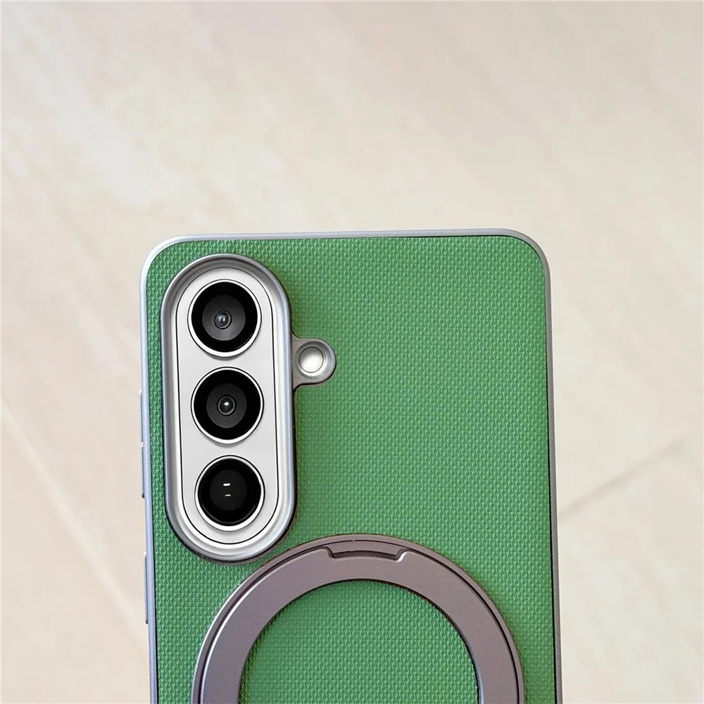 For Samsung Galaxy S25 Magnetic Case Ring Kickstand Fine Grid Texture Leather + PC + TPU Phone Cover - Light Grey - 6
