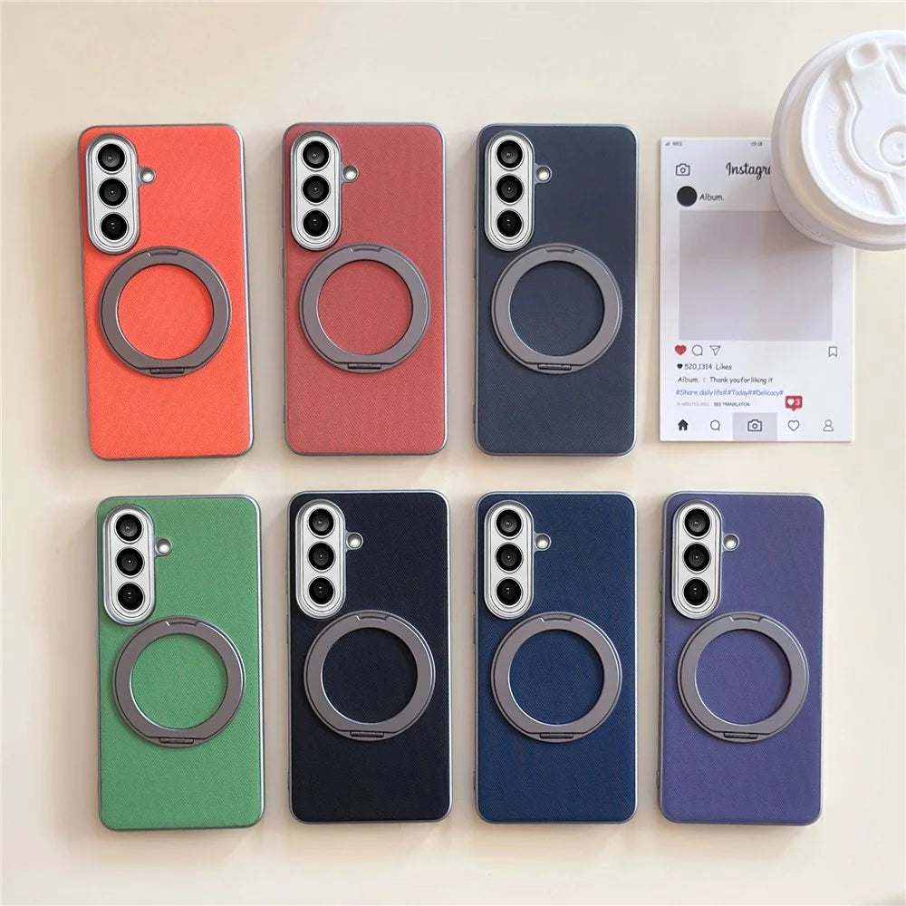For Samsung Galaxy S25 Magnetic Case Ring Kickstand Fine Grid Texture Leather + PC + TPU Phone Cover - Light Grey - 7