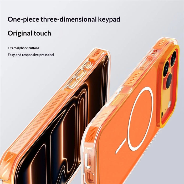 For iPhone 17 Pro Magnetic Case  PC + TPU Skin Touch IMD Phone Cover with PC Lens Frame - Orange - 5