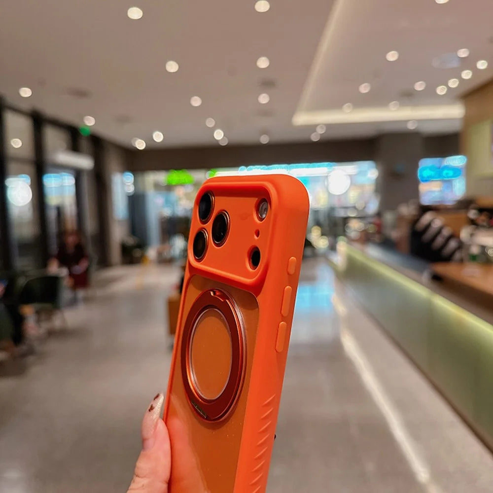 For iPhone 17 Pro Magnetic Case PC + TPU Ring Kickstand Phone Cover (Precise Lens Cutouts) - Orange - 5