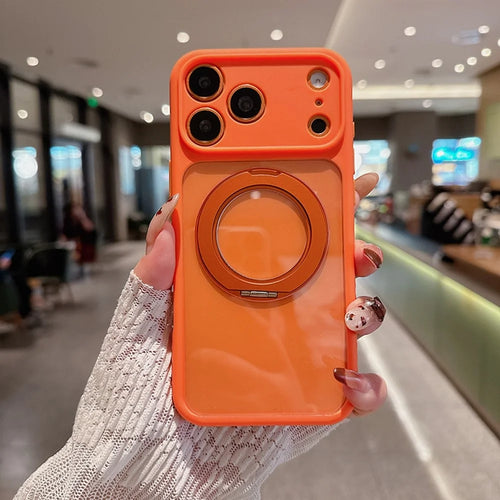 For iPhone 17 Pro Max Magnetic Case PC + TPU Ring Kickstand Phone Cover (Precise Lens Cutouts) - Orange - 1